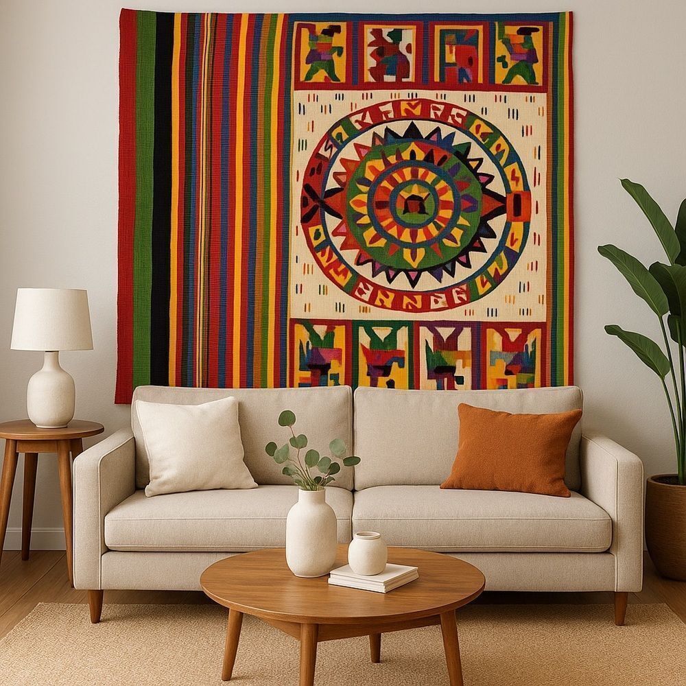 Vintage Handwoven Folk Tapestry Rug 57 x 80 Aztec Tribal Pattern Multicolor